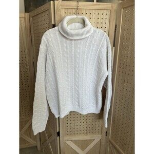 Wainscott Cable Knit Fisherman Turtleneck Sweater White Womens Large Pullover